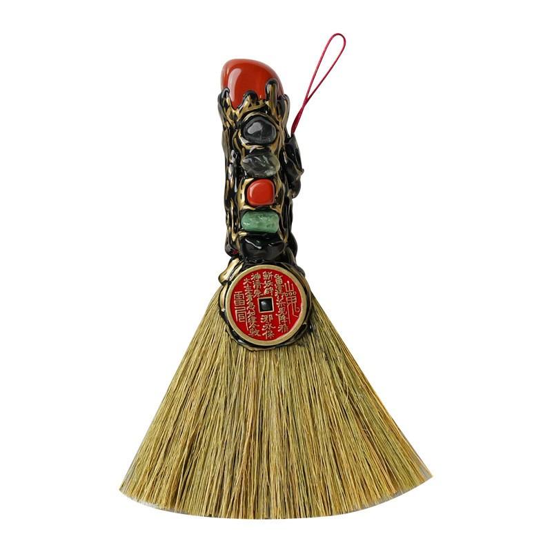 Natural Five-Element Stone Mountain Spirit Coin & Mini Broom Pendant