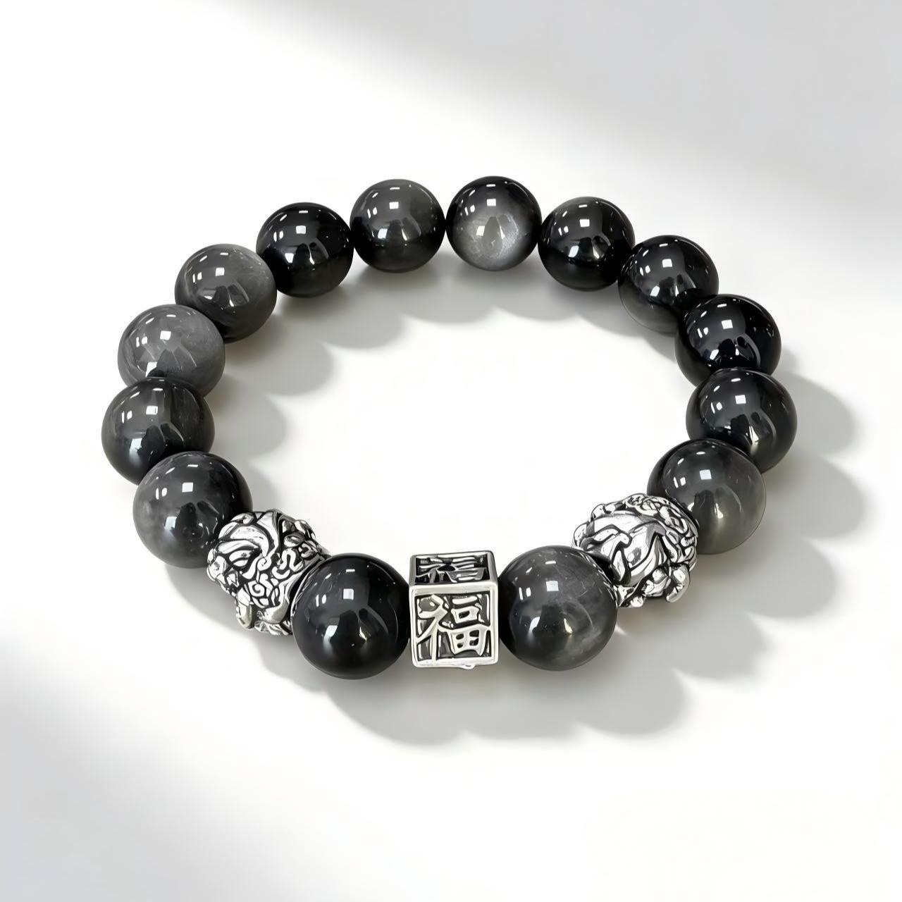 Silver Obsidian Crystals Beaded Bangle Bracelet Set