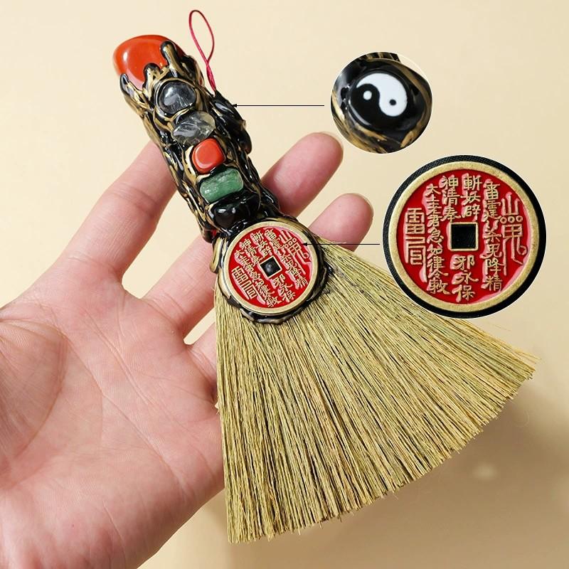Natural Five-Element Stone Mountain Spirit Coin & Mini Broom Pendant