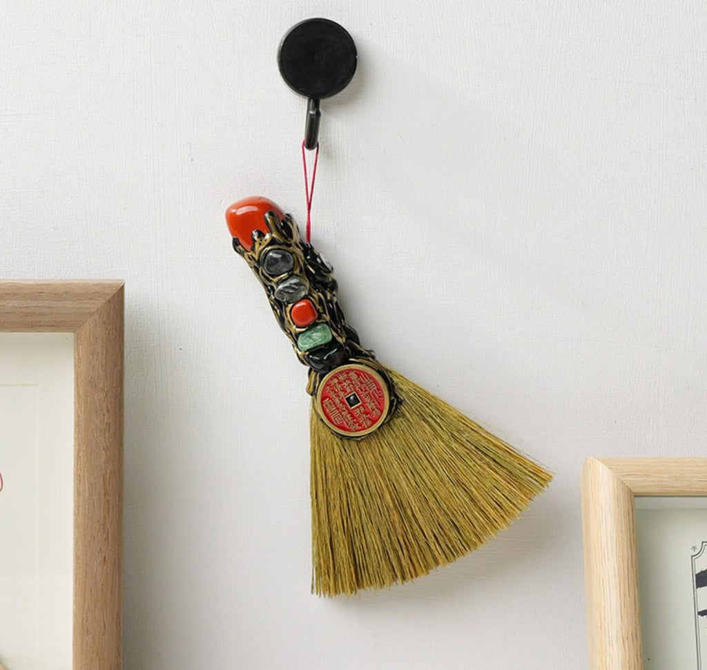 Natural Five-Element Stone Mountain Spirit Coin & Mini Broom Pendant